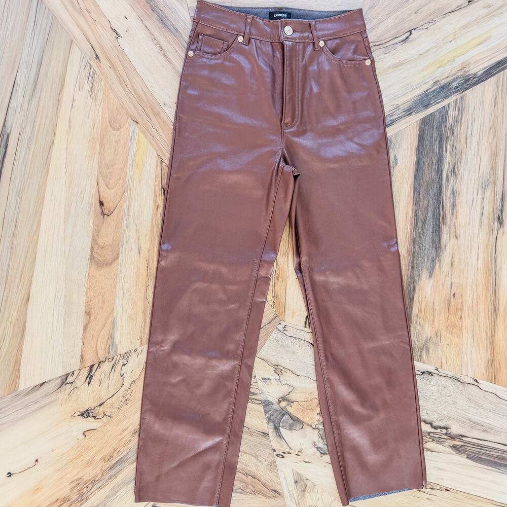 Y2K Style Express Super High Rise Straight Leg Faux Leather Brown Pant-Women 00